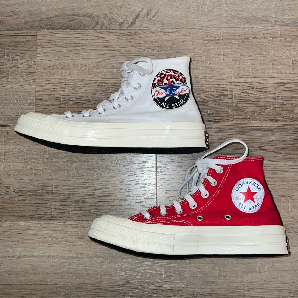 BLACK, RED & WHITE HIGH TOP CONVERSE